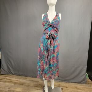 BCBGMAXAZRIA Dress 6 Leaf Print Chiffon Open Back Resort Ready